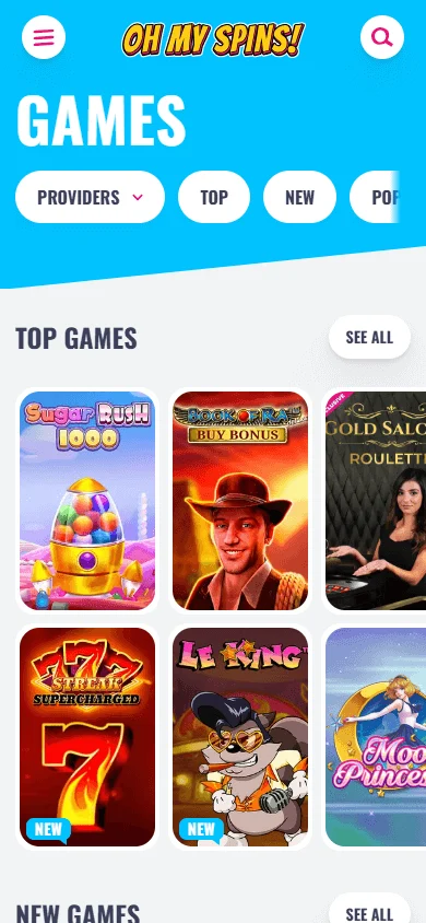 Ohmyspins Casino games area on a mobile device