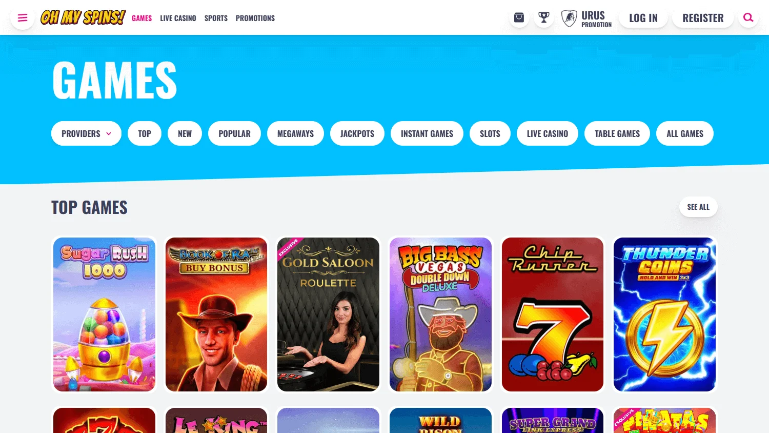 Ohmyspins Casino games area on desktop