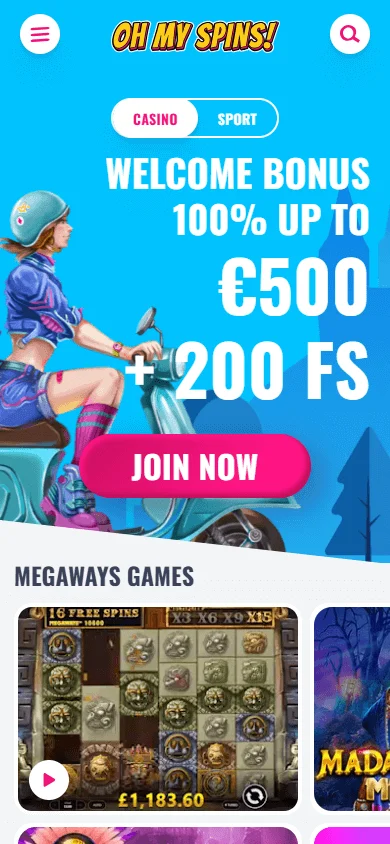 Ohmyspins Casino home page on a mobile device