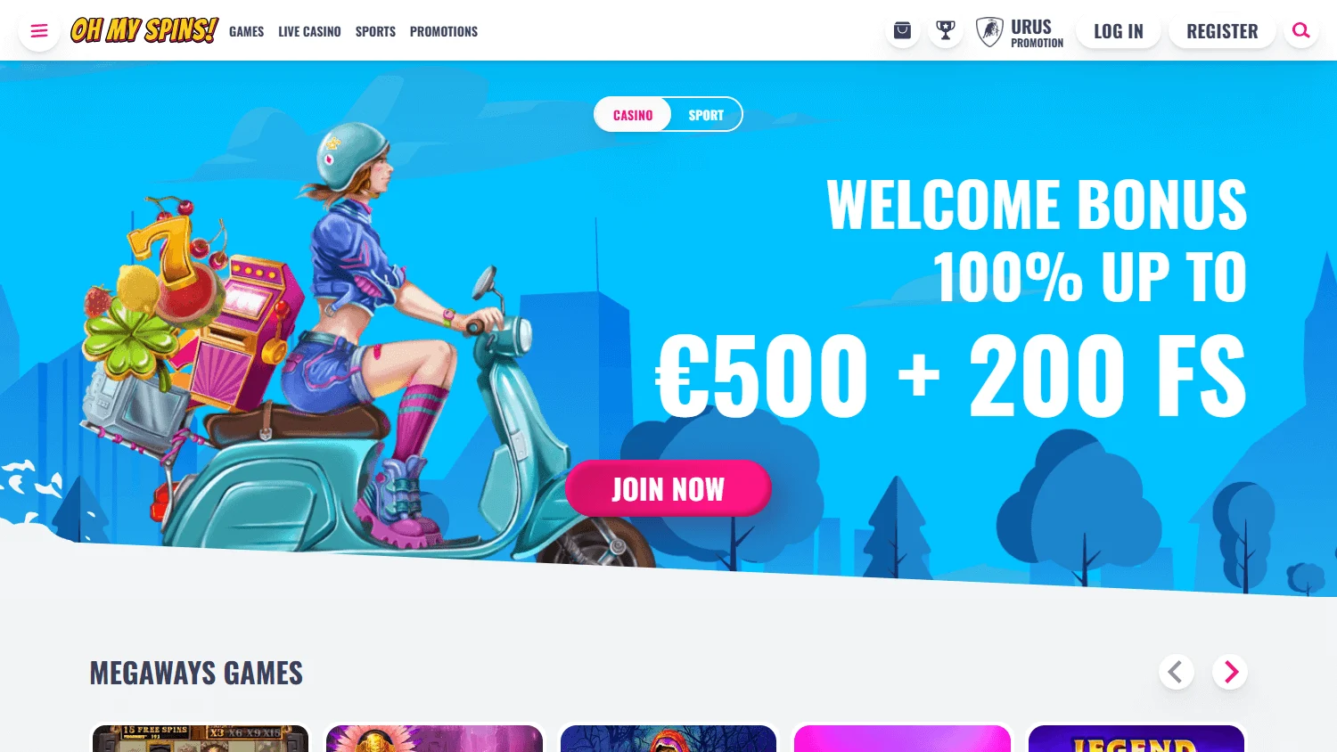 Ohmyspins Casino home page on desktop