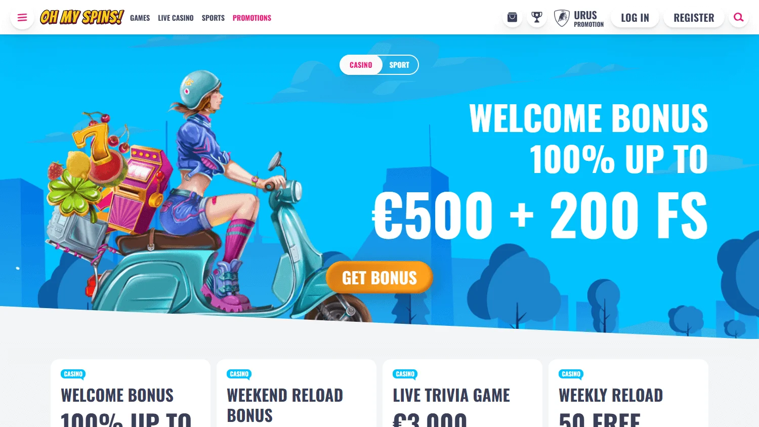 Ohmyspins Casino promotions area on desktop